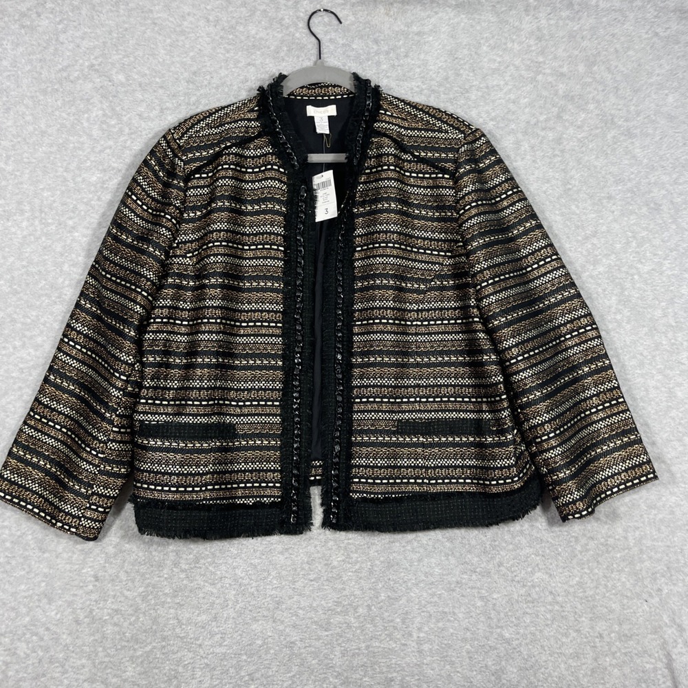 Chico's Gold Metallic Open Front Fringe Jacket Womens XL 3 Evening Luxe